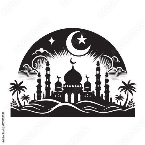 Salam Ramadan Silhouette Vector Illustration, Solid White Background.