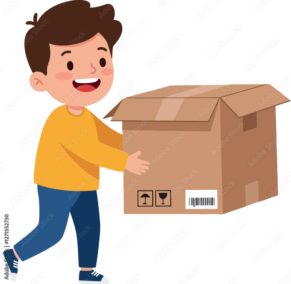 Happy child carrying a cardboard box in flat vector illustration Happy child carrying a cardboard box in flat vector illustration
