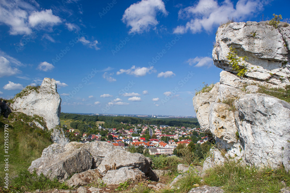 Limestone rocks in Polish Jura Krakowsko-Czestochowska in Olsztyn, Poland
