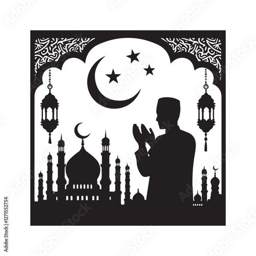 Salam Ramadan Silhouette Vector Illustration, Solid White Background.