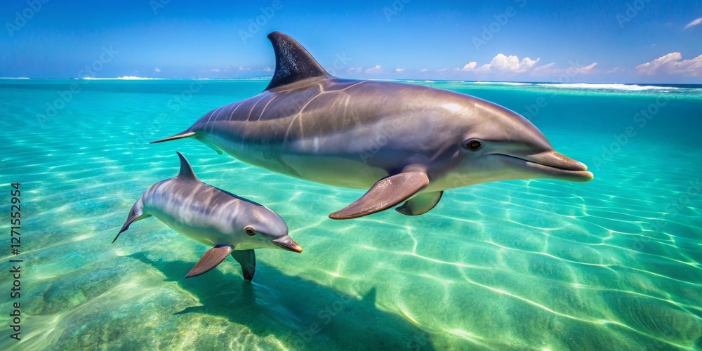 Naklejka premium A mother dolphin and her calf gracefully swim in a vibrant ocean