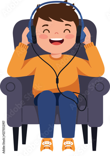Happy child enjoying music while sitting in a cozy chair vector illustration