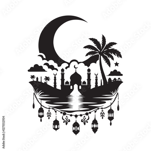 Salam Ramadan Silhouette Vector Illustration, Solid White Background.