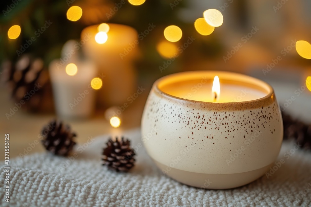 Candle on cozy surface with pinecones and sparkling lights creating a warm atmosphere Candle on cozy surface with pinecones and sparkling lights creating a warm atmosphere