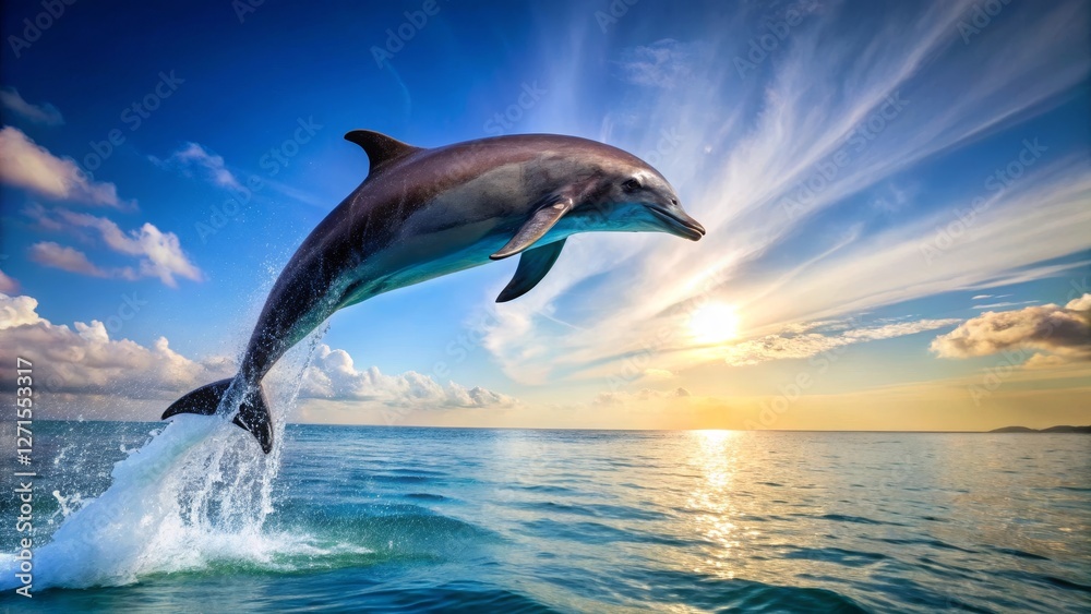 Obraz premium A Majestic Dolphin Leaps High Above the Ocean's Surface at Sunset, Gracefully Displaying its Aquatic Prowess in a Breathtaking Display of Nature's Beauty