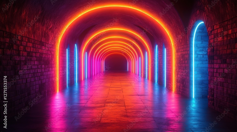 Neon archway tunnel, brick walls, vibrant lights, future backdrop Neon archway tunnel, brick walls, vibrant lights, future backdrop