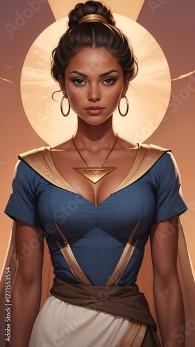 Portrait of a young woman with a determined and self-confident look, against a stylized radiant background
