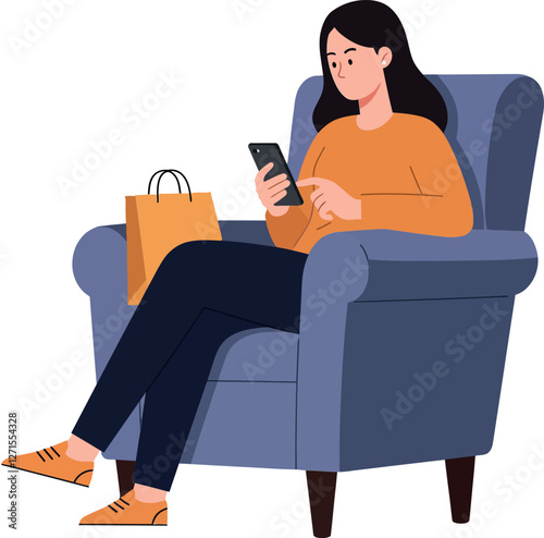 Woman sitting comfortably in chair using smartphone flat vector art
