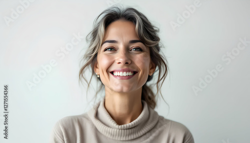 Primo piano di donna sorridente, felice. Sfondo chiaro, illuminazione da studio.