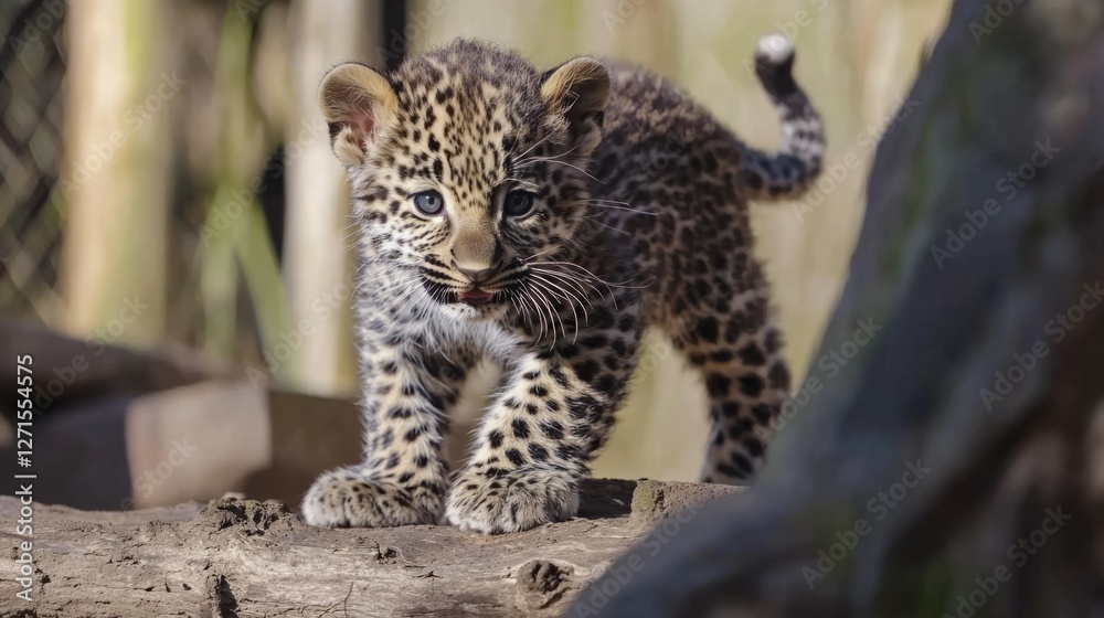 Fototapeta premium Playful Leopard Cub Exploring Its Natural Habitat in Daylight