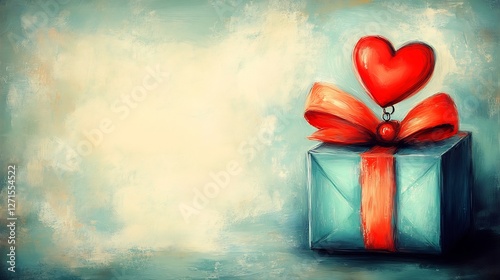 Romantic Teal Gift Box Softly Lit Red Heart. AI Generated