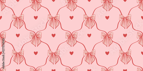 Coquette seamless pattern with striped bows and heart, trendu background for girl, coquette core design