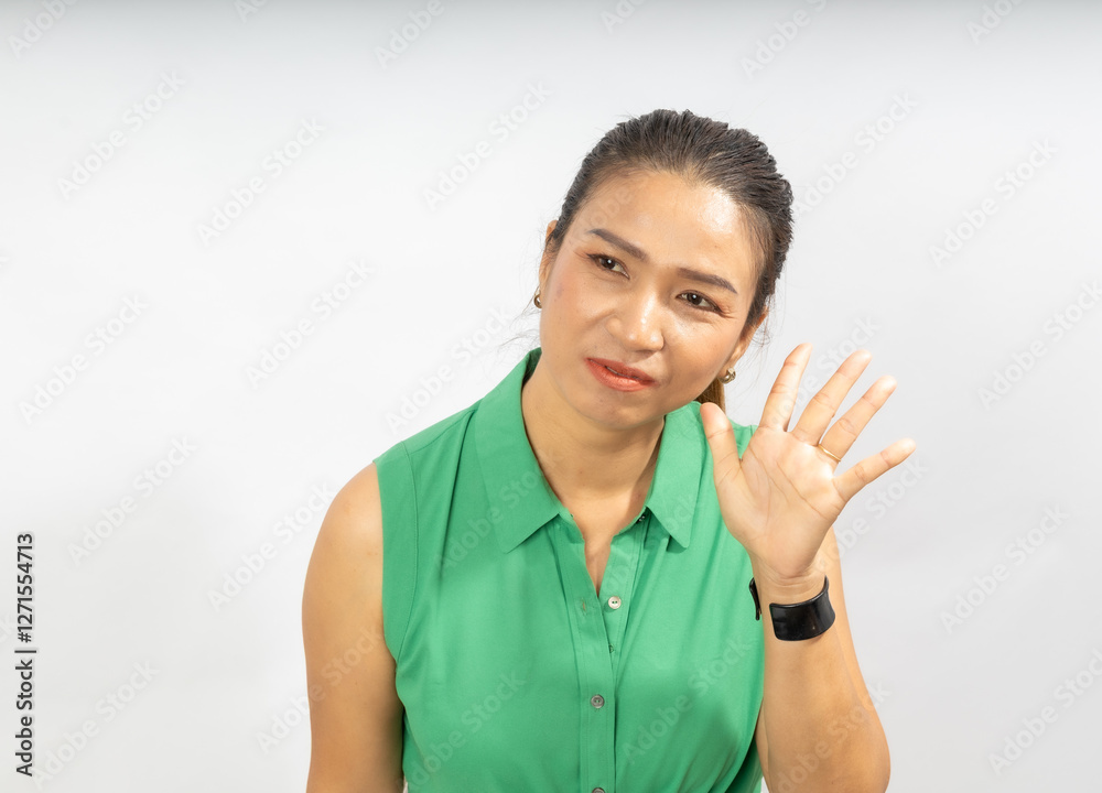 Woman Greeting With a Smile Against a Plain White Background During a Casual Indoor Setting