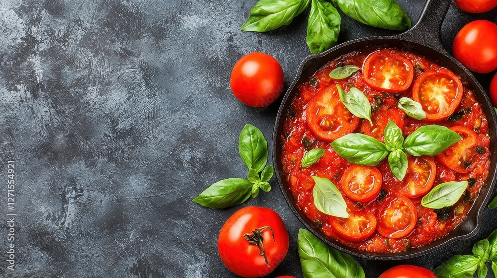 Fresh Tomato Sauce with Basil in Cast Iron Pan on Dark Background Fresh Tomato Sauce with Basil in Cast Iron Pan on Dark Background