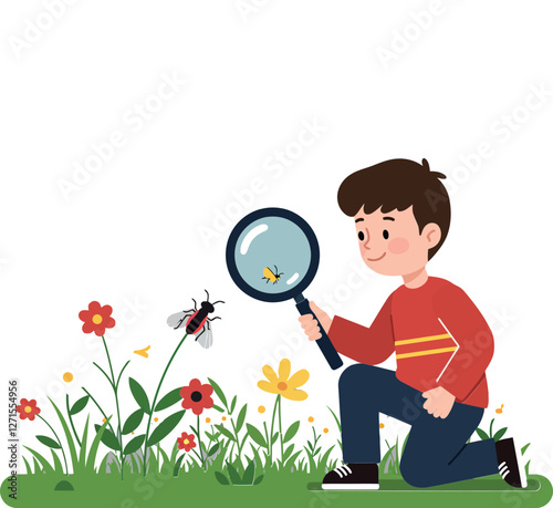 Young boy observing a bee with a magnifying glass in flat vector art