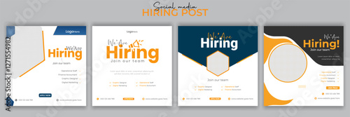 Join our team banners. We are hiring communication poster, help wanted advertising banner with speaker and vacant badge. Hr recruiting hire, vacancy job offer isolated vector signs set