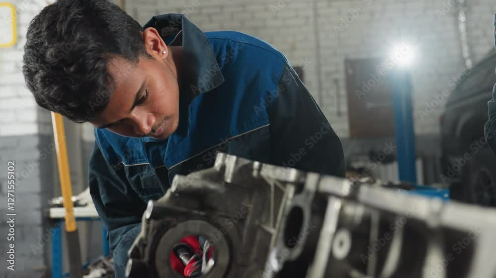 Engine repairer focused on engine work in automotive workshop with partial view of colleague showing him something, surrounded by mechanical tools Engine repairer focused on engine work in automotive workshop with partial view of colleague showing him something, surrounded by mechanical tools