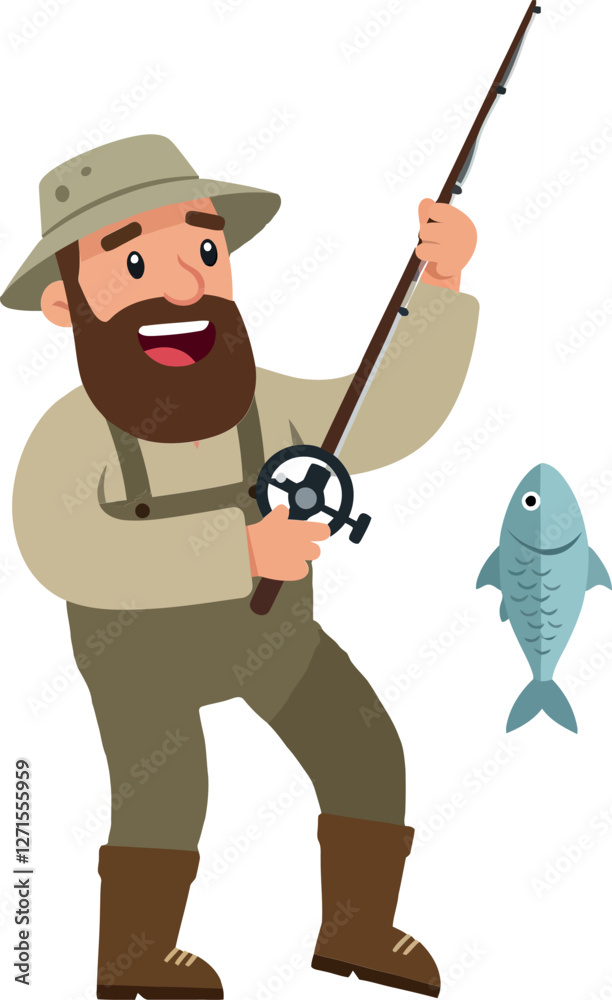 Happy fisherman catching a fish in flat vector art style Happy fisherman catching a fish in flat vector art style
