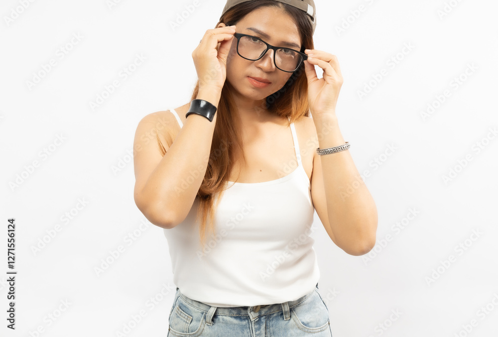 Young Woman Wearing Glasses and Cap Poses Confidently Against a Plain White Background Young Woman Wearing Glasses and Cap Poses Confidently Against a Plain White Background