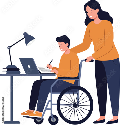 Young boy in wheelchair receiving help from woman in flat vector art