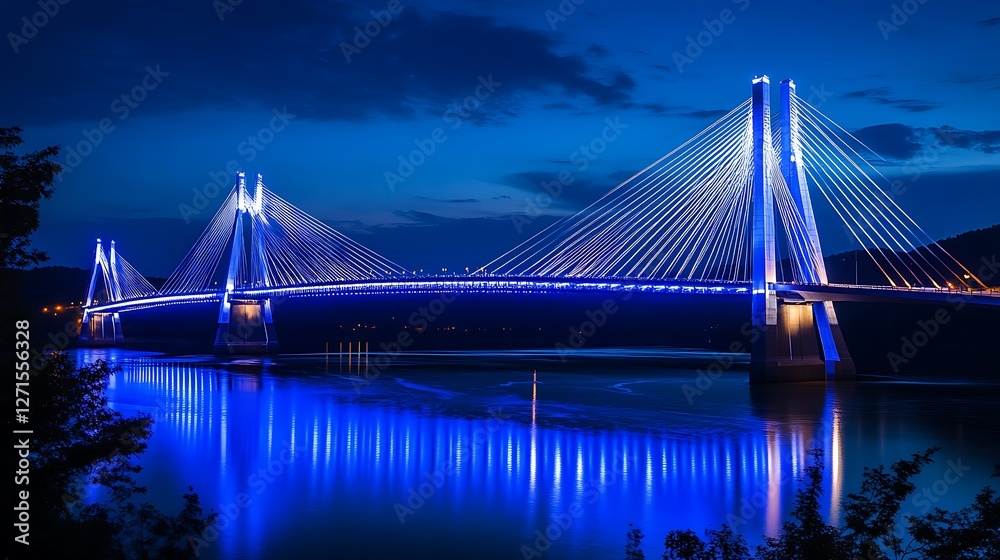 Obraz premium Illuminated cable-stayed bridge at night, reflecting in calm water, dark sky; travel and architecture photography.