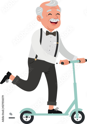 Happy elderly man riding a scooter in flat vector art