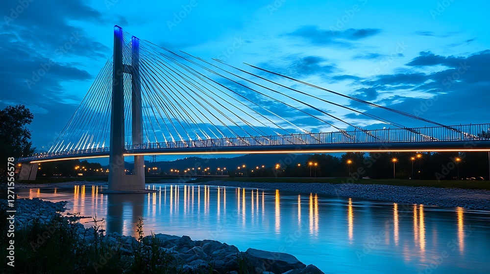 Obraz premium Illuminated cable-stayed bridge over river at dusk.