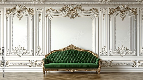 Green velvet sofa in ornate room