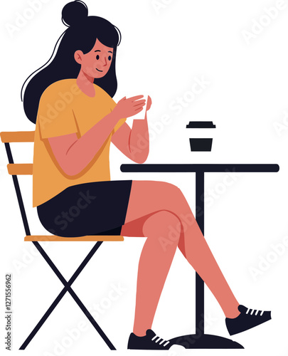Woman enjoying coffee while sitting at a table in flat vector art