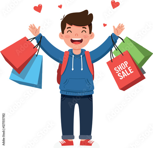 Happy child celebrating shopping with colorful bags in flat vector art