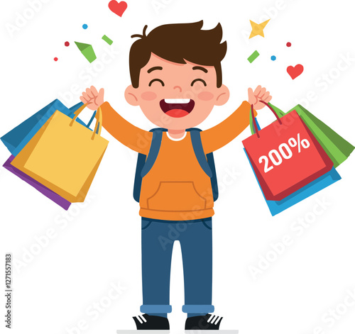 Happy child celebrating shopping success with colorful bags vector art