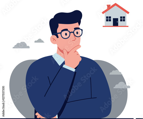 Thinking person in flat design contemplating house purchase vector art