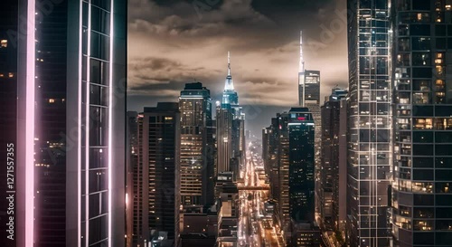 Stunning urban skyline at night, featuring illuminated buildings and vibrant streets, with iconic architecture against dramatic sky.