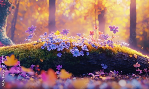 Vibrant forest scene with colorful flowers blooming on a mossy log under soft sunlight