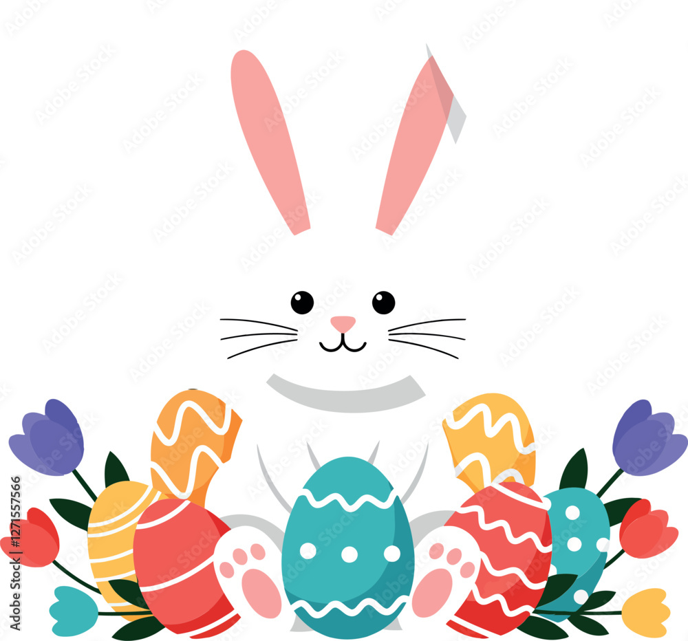 Cute bunny surrounded by colorful Easter eggs in minimal vector art