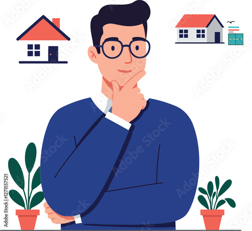 Thoughtful man with plants considering home options in flat vector art