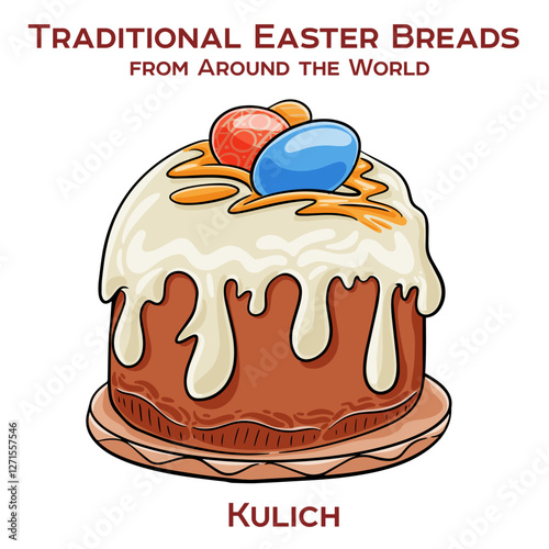 Traditional Russian Easter bread, a tall, cylindrical sweet yeast-leavened loaf topped with white icing and colorful sprinkles, similar to Italian panettone.