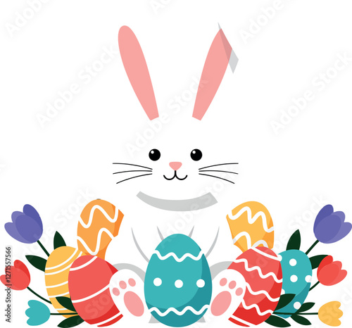 Cute bunny surrounded by colorful Easter eggs in minimal vector art