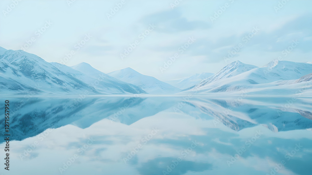Fototapeta premium Serene winter landscape with snow-covered mountains reflecting in calm water.