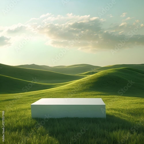 Serene landscape with white rectangular object on lush green hills under bright sky, showcasing natures beauty and tranquility.