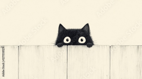 Curious black kitten peering over a white fence.  Possible use Children's book illustration, greeting card design photo