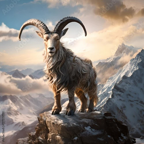 Majestic mountain goat on rocky peak amidst snow capped mountains and clouds, showcasing beauty of wildlife in nature.