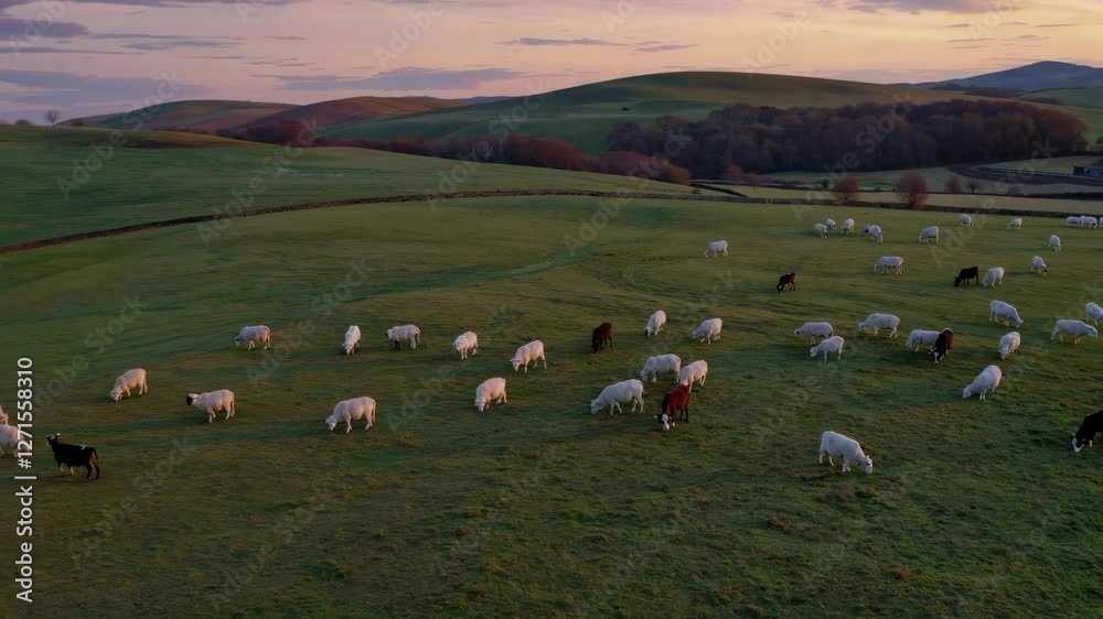 Cows grazing peacefully on a tranquil farm at sunset in the countryside Cows grazing peacefully on a tranquil farm at sunset in the countryside