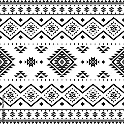 Southwest Aztec geometric Native American Mexican Navajo tribal ethnic boho indian texture ornament seamless pattern fabric black and white design vector for woven textile printing blanket rug carpet 