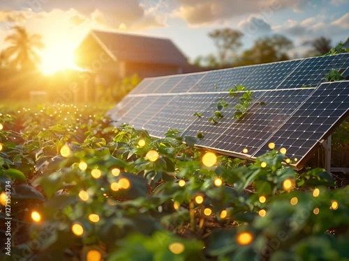 Beautiful sunset illuminates solar panels on vibrant farm, showcasing sustainable energy and green agriculture for brighter future.