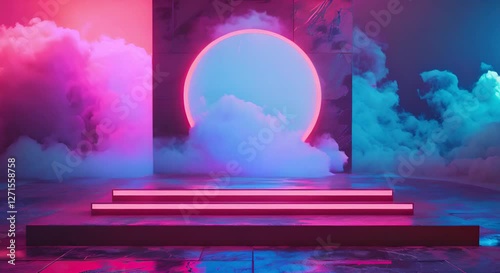 Vibrant Neon Stage with Circular Light and Colorful Fog Creating Surreal Atmosphere