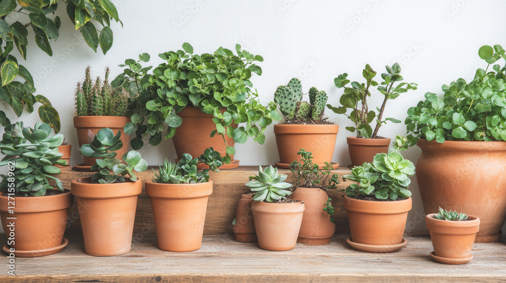 Succulent plants grown in pots on wooden boards Succulent plants grown in pots on wooden boards