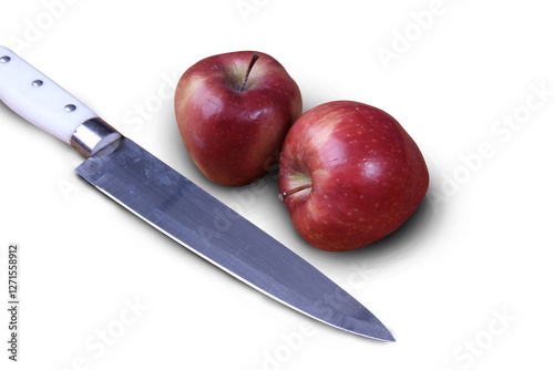 red apple and knife on white background