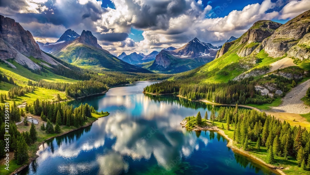 Fototapeta premium Aerial View Horseshoe Lake, Beartooth Mountains, Montana - Stunning Drone Photography
