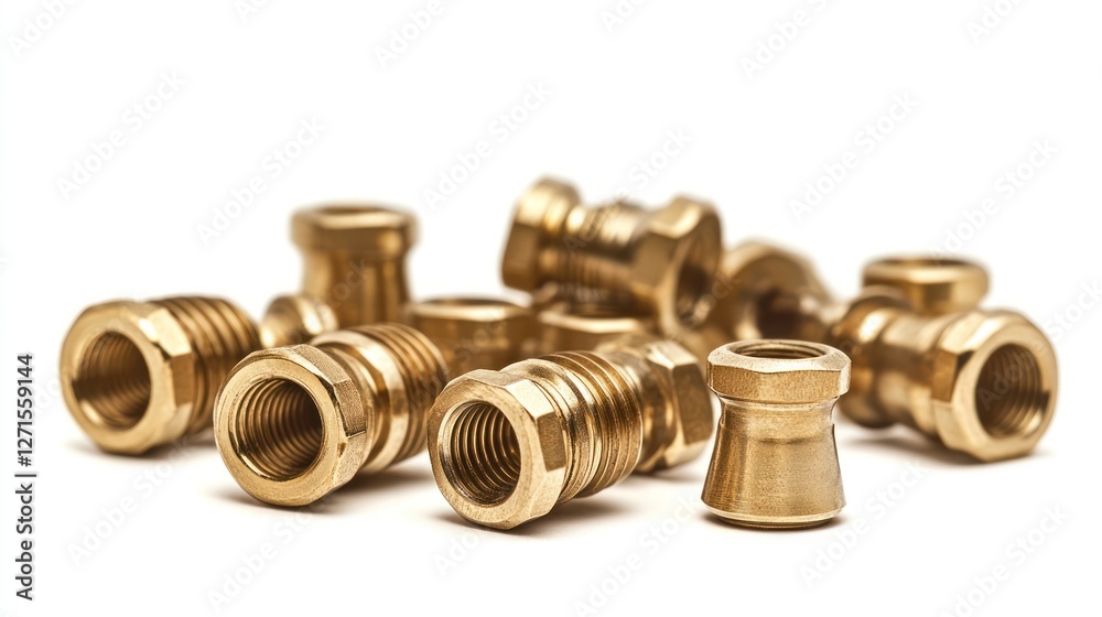 Close-up of a pile of shiny brass threaded fittings isolated on a white background. Close-up of a pile of shiny brass threaded fittings isolated on a white background.
